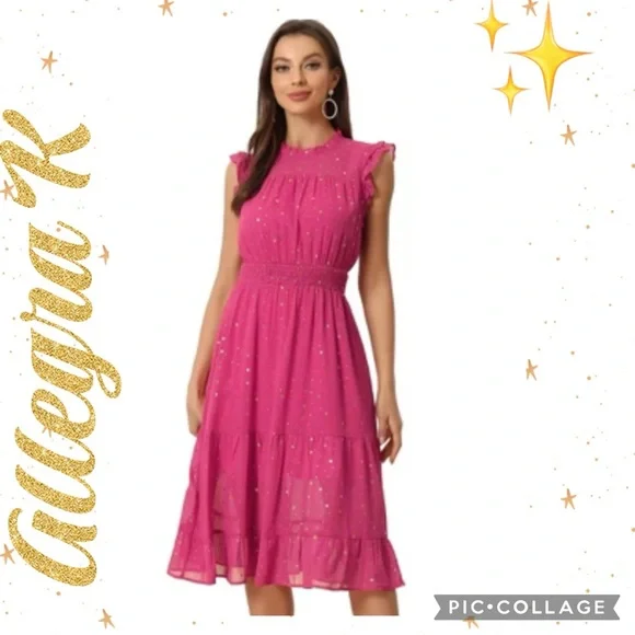 Allegra K Smocked Waist Gilding Metallic Stars Chiffon Dress - Picture 3 of 11